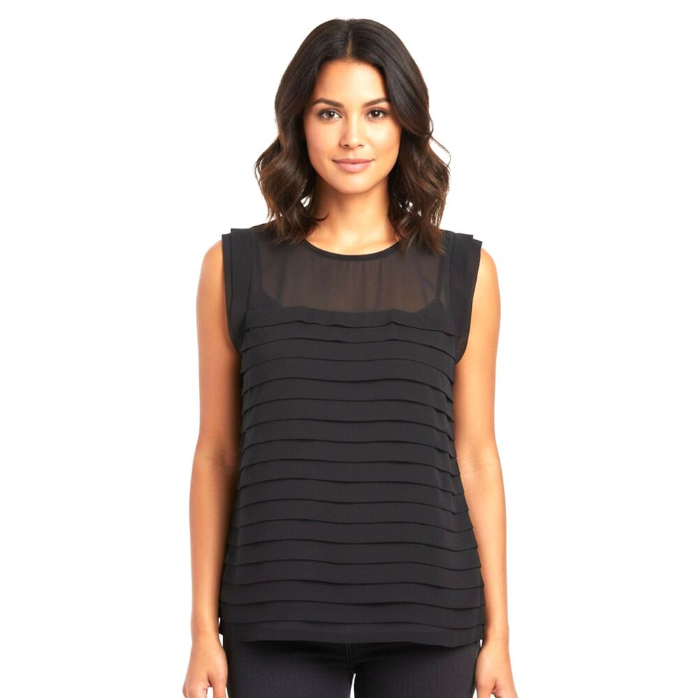 BCBGMaxazria Black 100% Silk Chiffon Tiered Sheath Blouse Size XXS